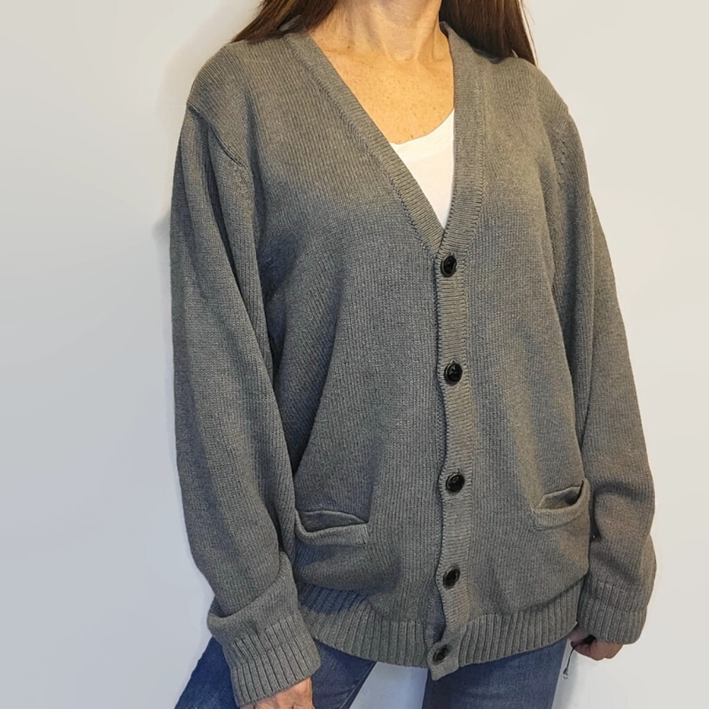 L.L. Bean Gray Grandpa V-Neck Cardigan Sweater size Large